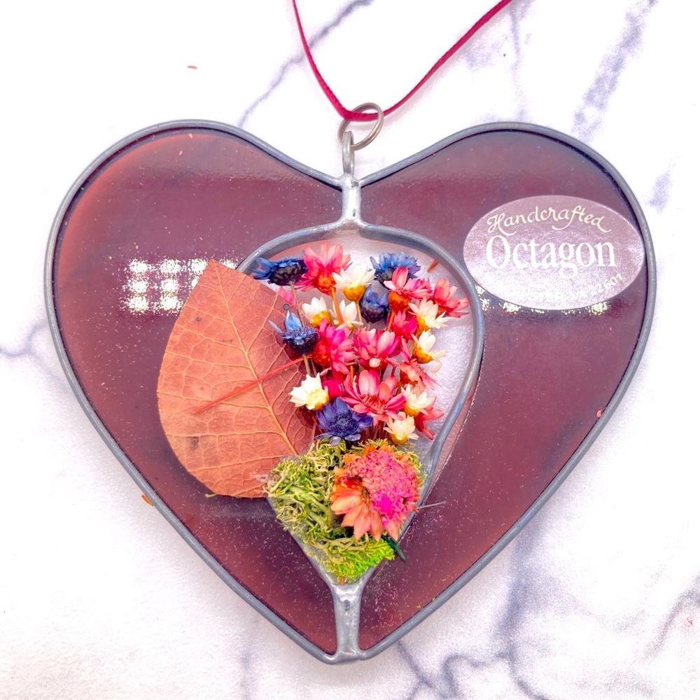 Handcrafted Stained Glass Red Heart with Dried Flowers by Octagon Suncatcher